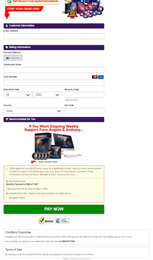 The BioEnergy Code Checkout Page